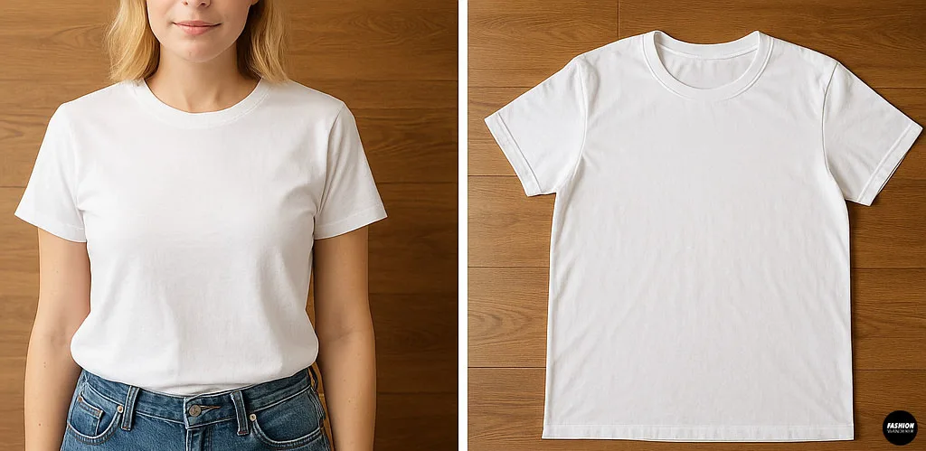 Side-by-side view of a woman wearing a plain white T-shirt and the same shirt laid flat on a wooden surface for prep.