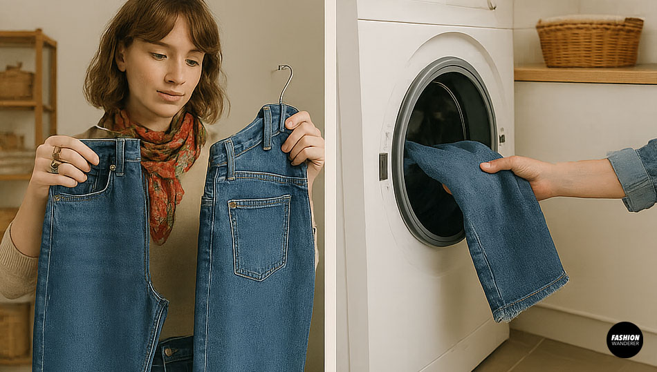 Woman holding denim jeans before washing to prep them for a fringe shorts DIY project.