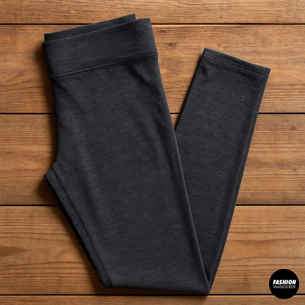 Dark gray stretchy cotton/spandex blend leggings folded neatly on a wooden surface.