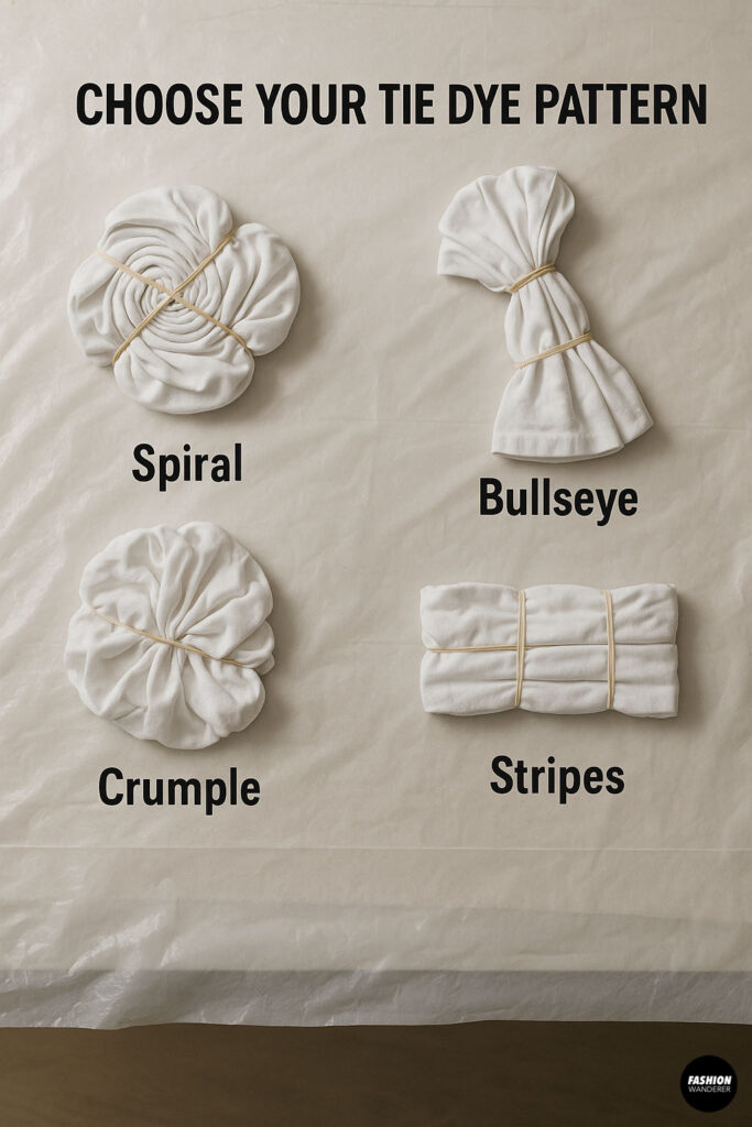 Four different tie dye pattern techniques displayed on a table: spiral, bullseye, crumple, and stripes, each secured with rubber bands on white fabric.