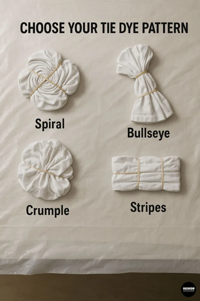 Four different tie dye pattern techniques displayed on a table: spiral, bullseye, crumple, and stripes, each secured with rubber bands on white fabric.