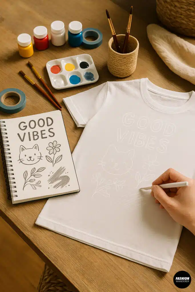 Sketching a “Good Vibes” design on a white t-shirt using a pencil, with a reference doodle notebook beside — preparing for a custom DIY t-shirt painting project.