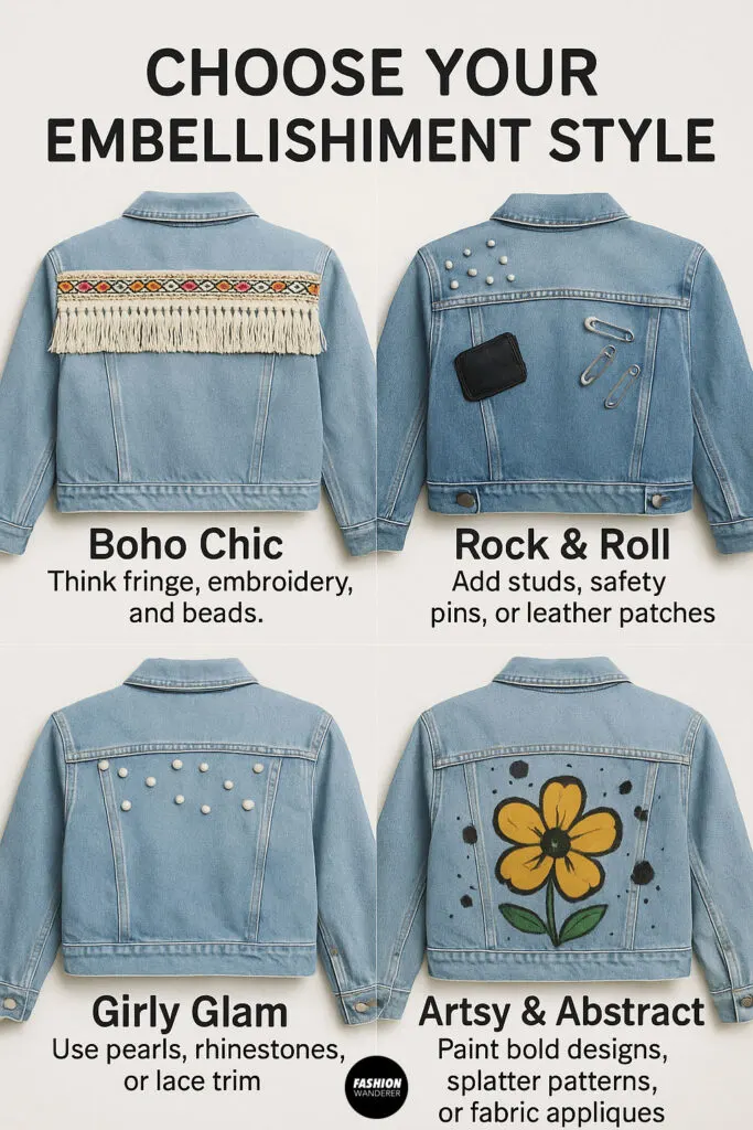 Comparison of four denim jacket embellishment styles: Boho Chic, Rock & Roll, Girly Glam, and Artsy & Abstract with labeled examples.