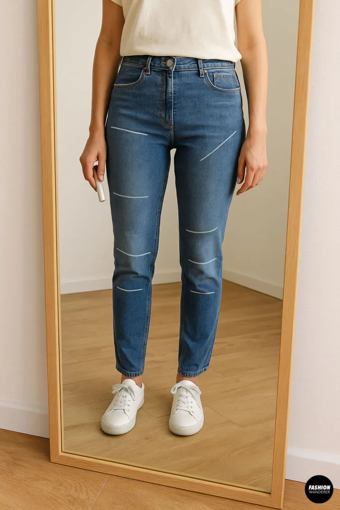 Woman marking distress lines on blue jeans using a white chalk marker, planning DIY distress design.