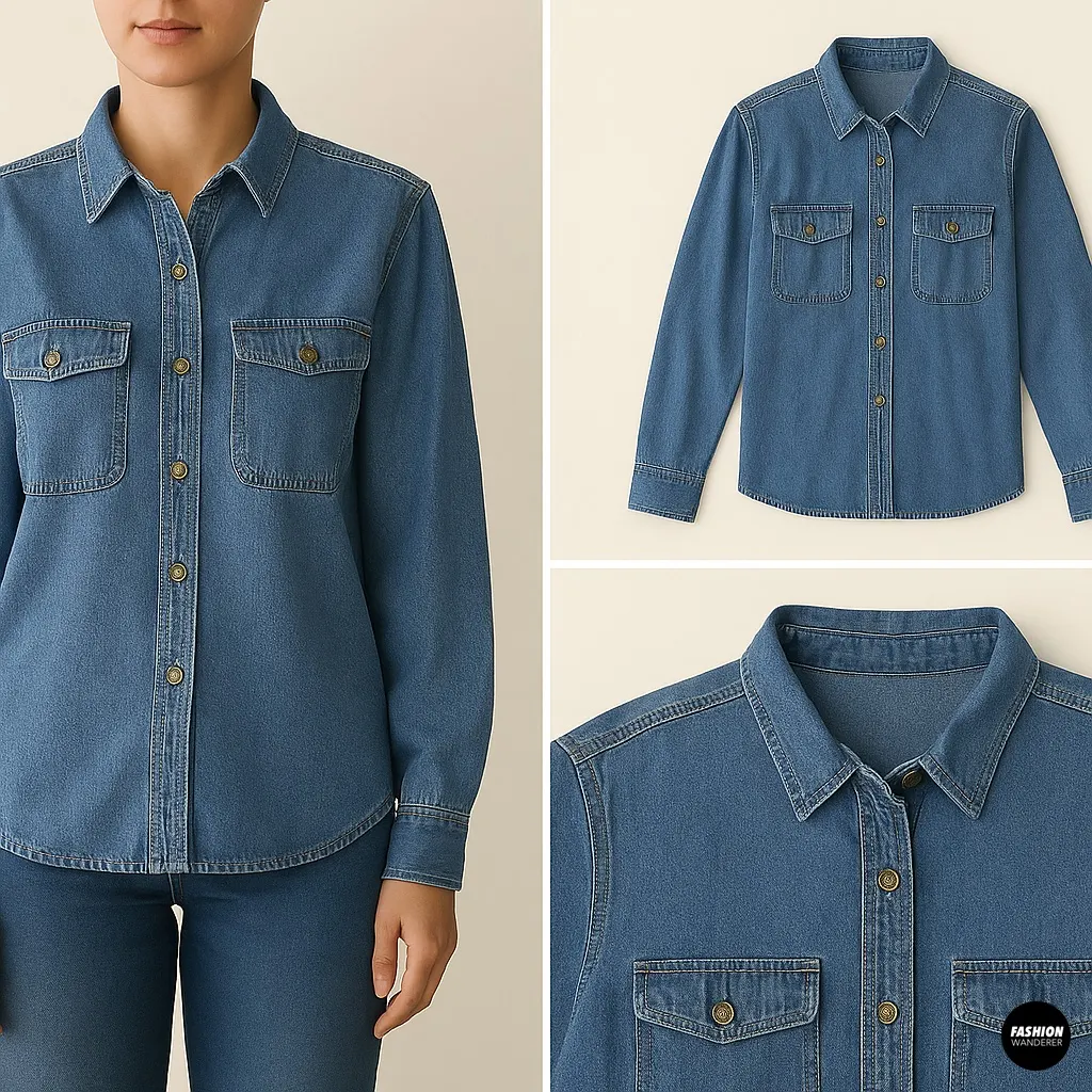 A woman wearing a classic button-up denim shirt, perfect for upcycling into a halter top. Front, flat lay, and collar close-up views highlight structure and seams.