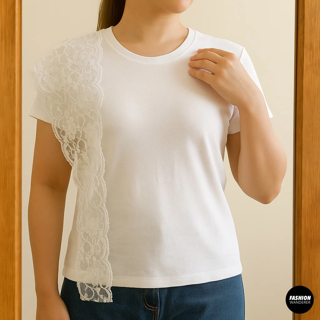 Woman wearing a plain white T-shirt, holding floral lace trim over one shoulder in front of a mirror to visualize lace insert placement.