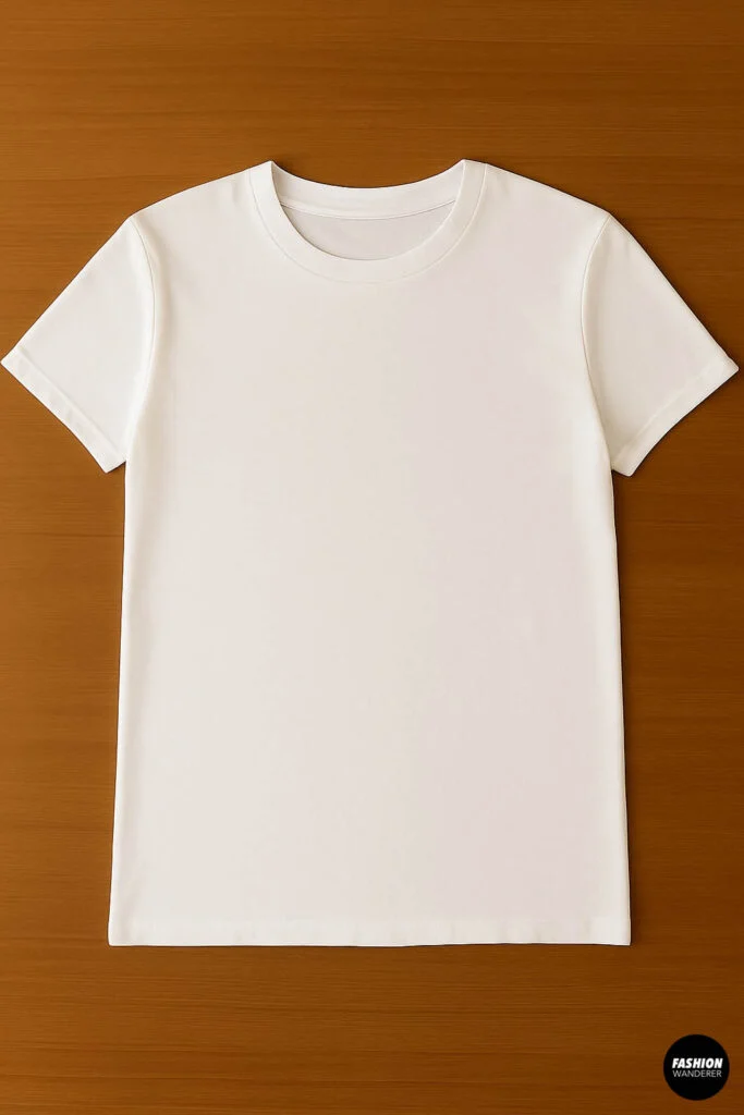 White basic cotton t-shirt laid flat on a wooden surface, perfect for making a tie-front cardigan.
