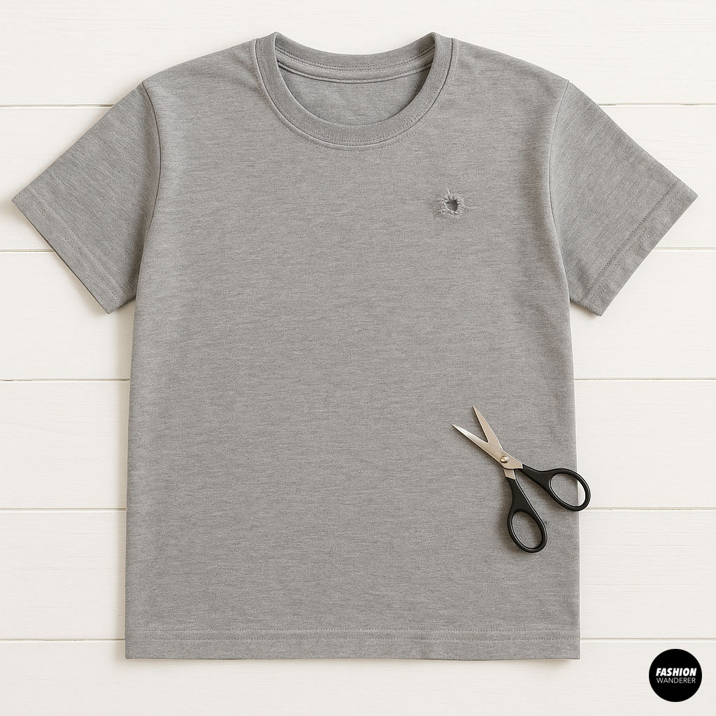 Gray T-shirt with a hole and scissors placed nearby, ready for trimming damaged fabric.