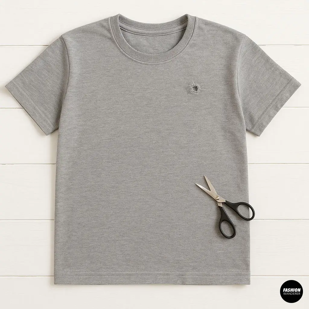 Gray T-shirt with a hole and scissors placed nearby, ready for trimming damaged fabric.