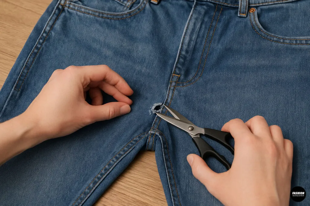 Hands trimming frayed edges around a hole in jeans crotch using small scissors on a wooden surface.