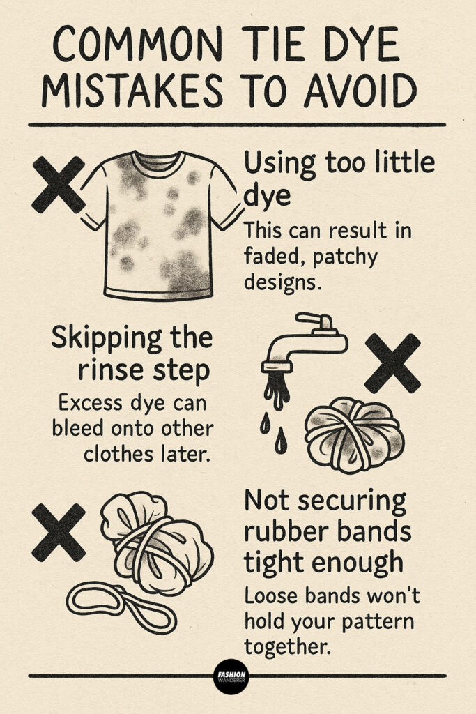 Hand-drawn infographic showing common tie dye mistakes like using too little dye, skipping the rinse step, and not securing rubber bands tightly.