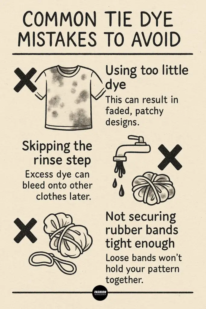 Hand-drawn infographic showing common tie dye mistakes like using too little dye, skipping the rinse step, and not securing rubber bands tightly.