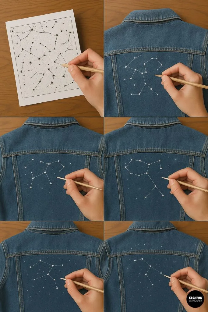 Six-panel guide for painting constellations on denim: sketch star template on paper, transfer dots to jacket back with chalk, paint star dots with white paint, connect stars with fine lines, add secondary stars around design.