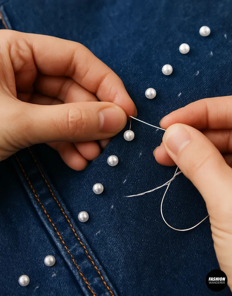 Hands sewing white pearl beads in symmetrical rows onto blue denim fabric for DIY embellishment