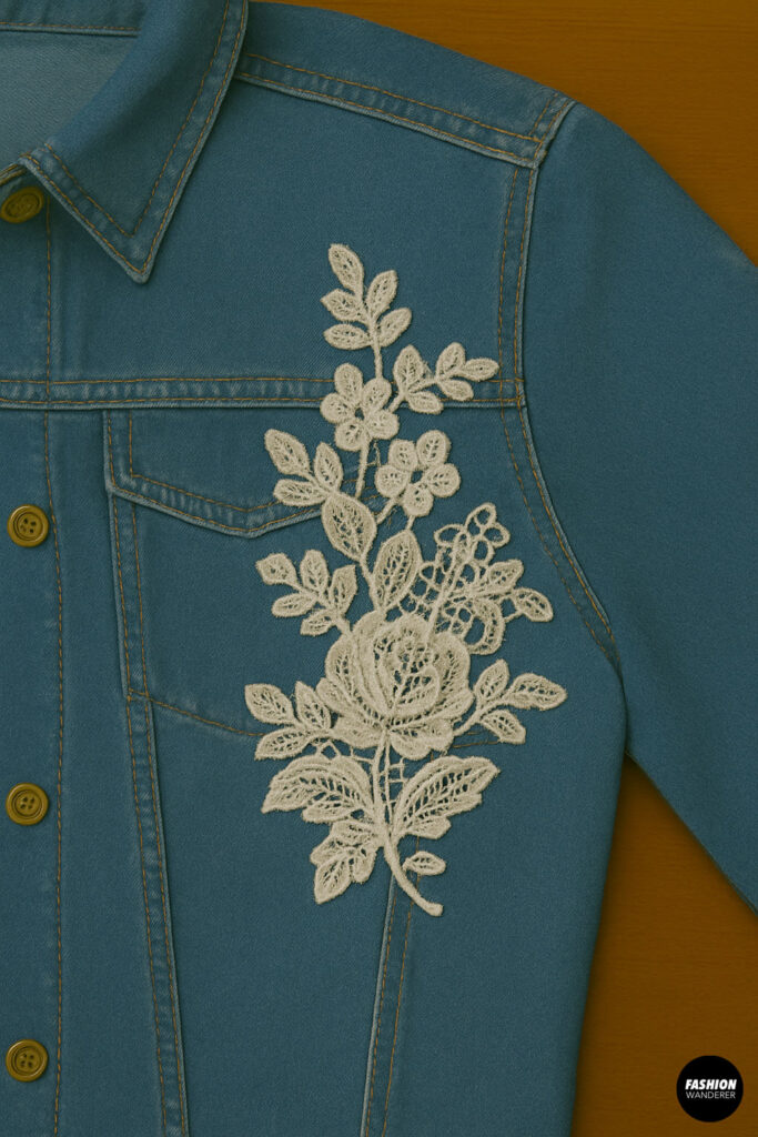 Close-up of a cream floral appliqué being placed on the front chest of a denim jacket during a DIY embellishment project.