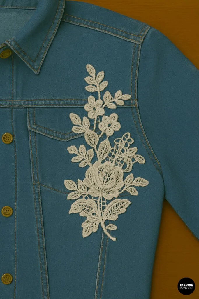Close-up of a cream floral appliqué being placed on the front chest of a denim jacket during a DIY embellishment project.