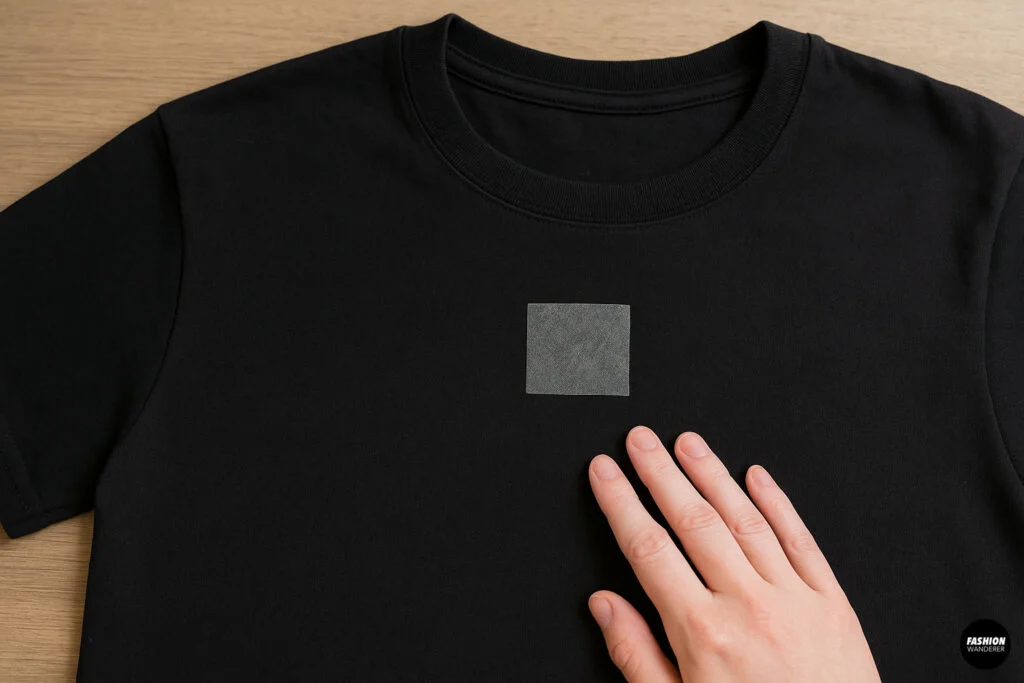 Close-up of a hand pressing a square fusible interfacing patch onto the front of a black T-shirt to fix a hole without sewing.