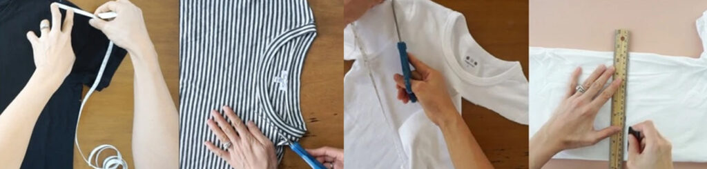 Step-by-step DIY tutorial showing hands measuring, marking, and cutting different t-shirts to transform them into new no-sew styles.