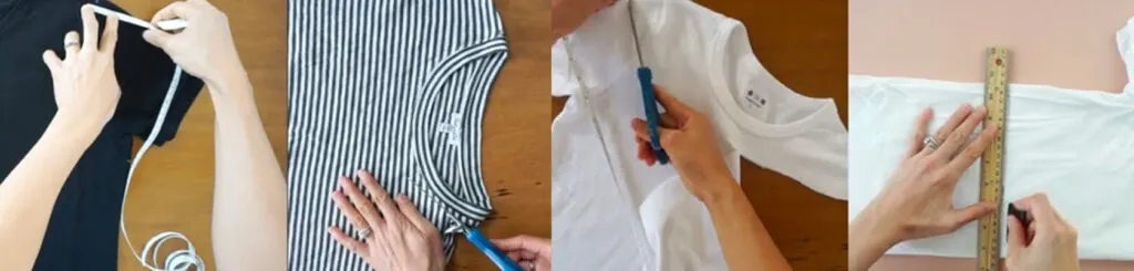 Step-by-step DIY tutorial showing hands measuring, marking, and cutting different t-shirts to transform them into new no-sew styles.