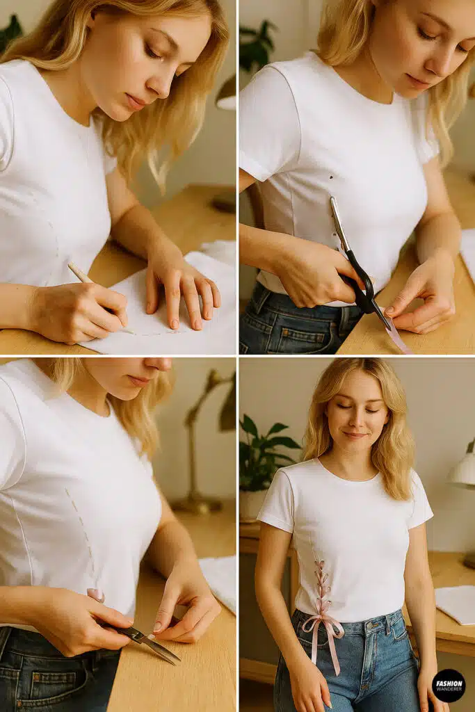 DIY coquette t-shirt with corset-inspired back lacing using pink satin ribbon — feminine no-sew fashion hack that transforms a plain shirt into a romantic, trendy top with boutique vibes.