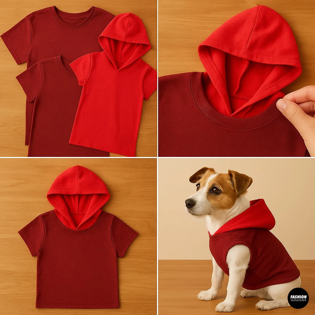 Cozy hooded dog vest collage with images of red hooded dog shirts laid flat, attaching and sewing hood collar, and a small dog wearing a red hooded vest.