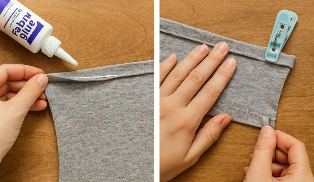 Two-panel image showing a no-sew method for hemming a tube top: applying fabric glue inside the folded edge and holding it in place with a clip for a clean, stitch-free finish.
