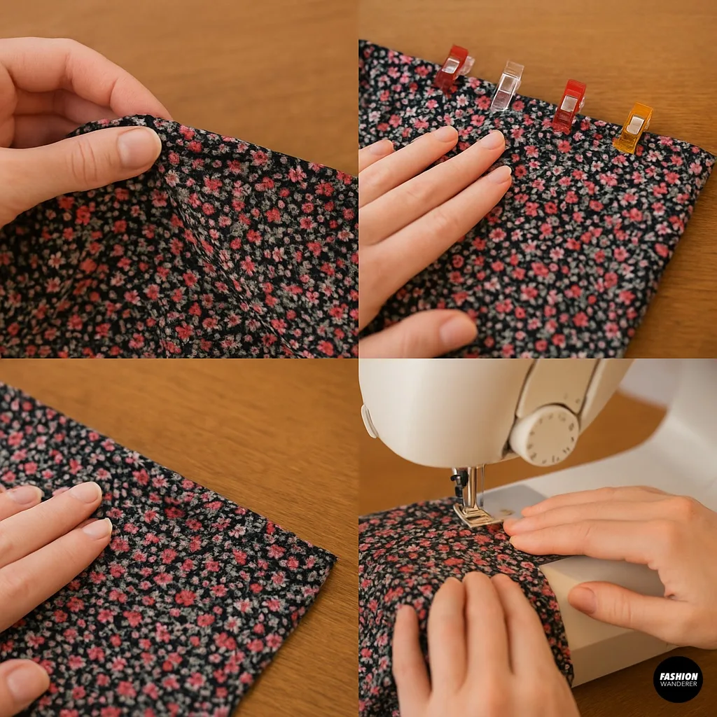 Four-panel grid demonstrating how to create a sewn hem on a DIY tube top: folding the top edge, securing with clips, pinning the fold, and machine-stitching the hem for extra support.