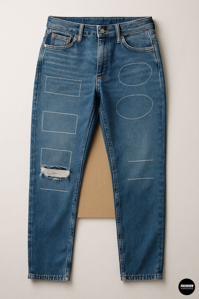 Hands making small horizontal cuts on jeans using scissors for distressing.
