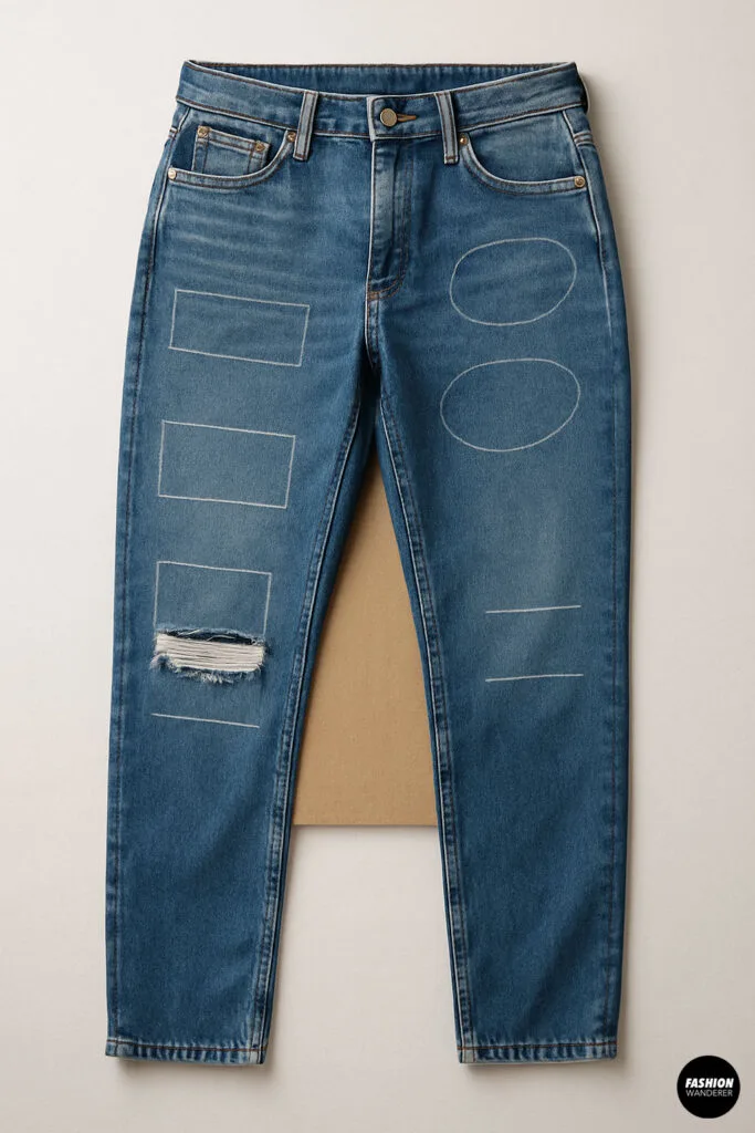 Hands making small horizontal cuts on jeans using scissors for distressing.