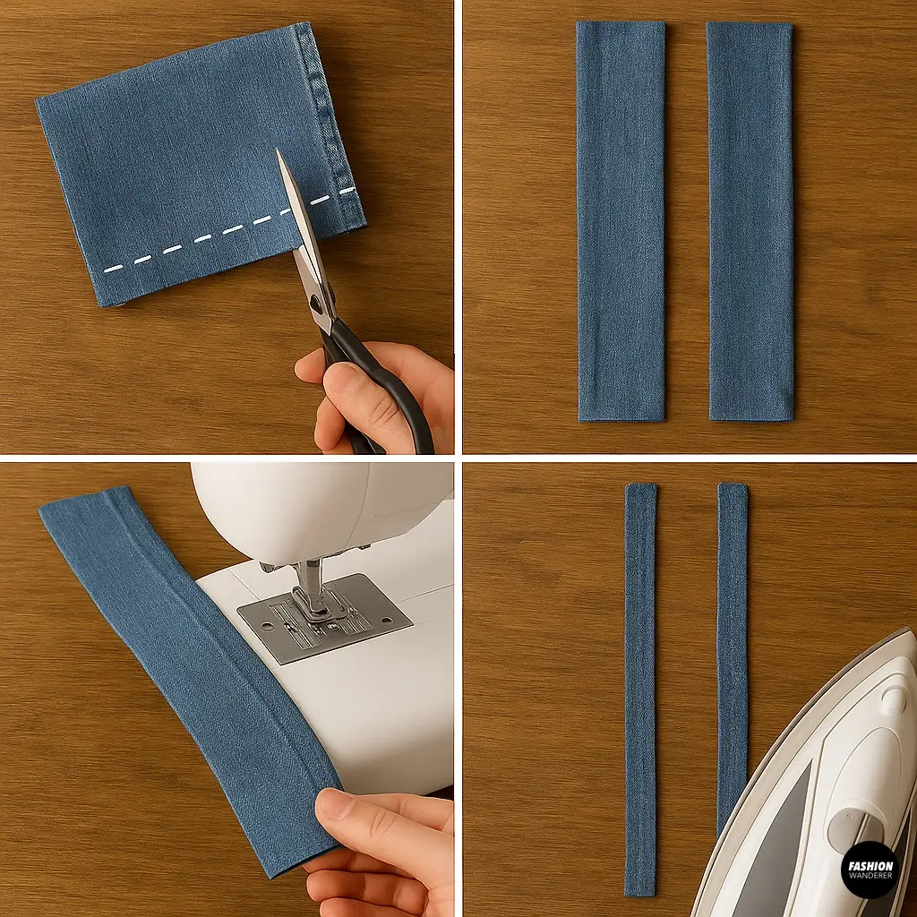 Tutorial steps for cutting and sewing denim neck ties from extra sleeve fabric using a sewing machine, then pressing the straps for a professional finish.