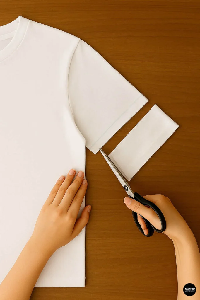 White t-shirt with one sleeve detached, chalk line marking the new sleeve length, fabric scissors cutting the sleeve.
