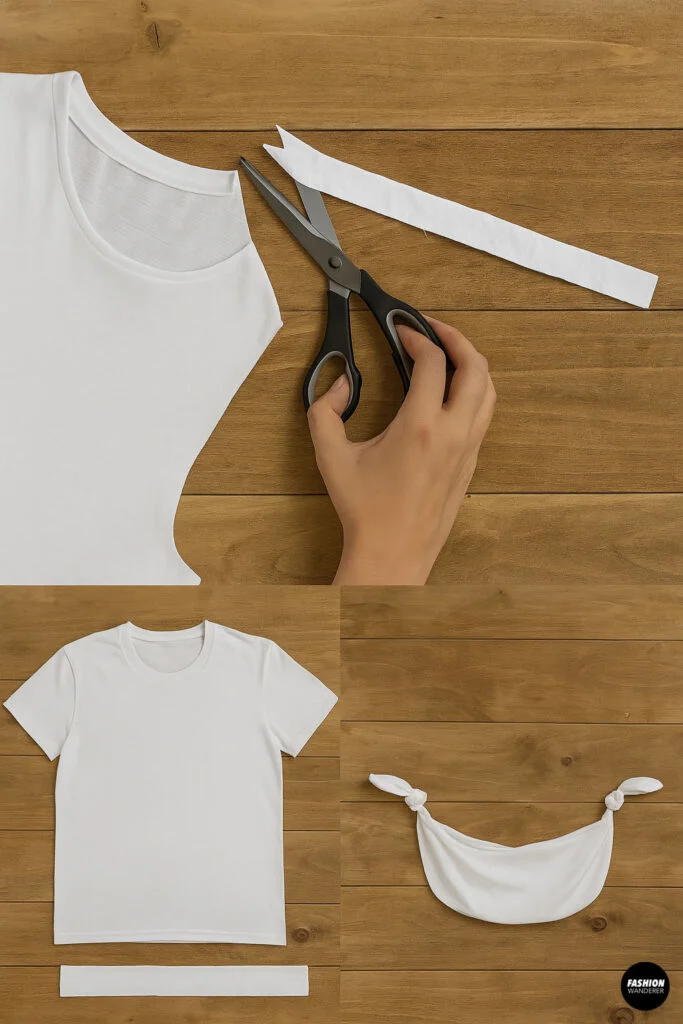 Step-by-step image of tying the cut white T-shirt into a dog sling pouch on a wooden surface.