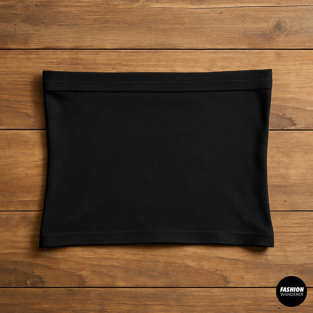 Black fabric piece, cut from leggings, folded with a clean edge on a wooden background, ready to be worn as a crop top.