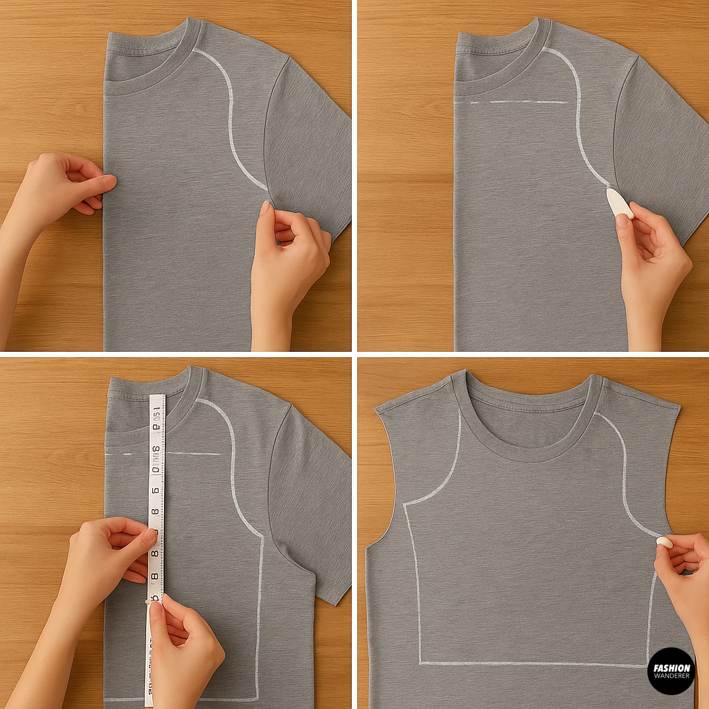Step-by-step photo tutorial on marking a dog clothes pattern on a folded gray T-shirt using fabric chalk and ruler, including pinning the paper pattern on the fabric.