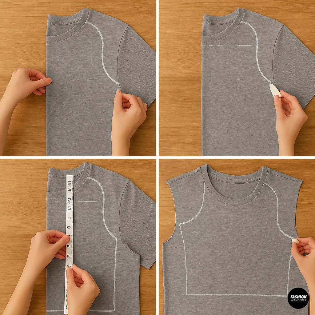 Step-by-step photo tutorial on marking a dog clothes pattern on a folded gray T-shirt using fabric chalk and ruler, including pinning the paper pattern on the fabric.