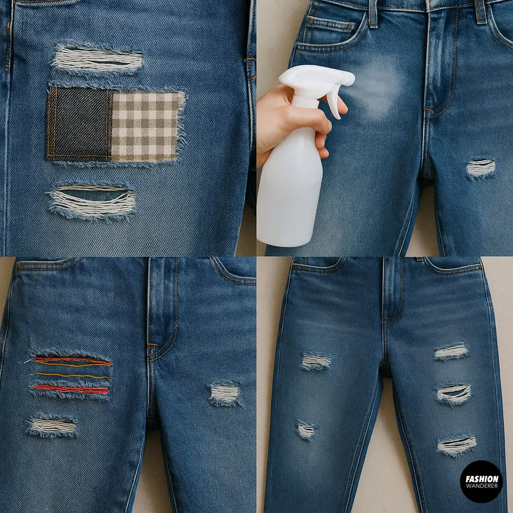 Collage of distressed jeans with patches, bleach spray, colored threads, and ripped areas.