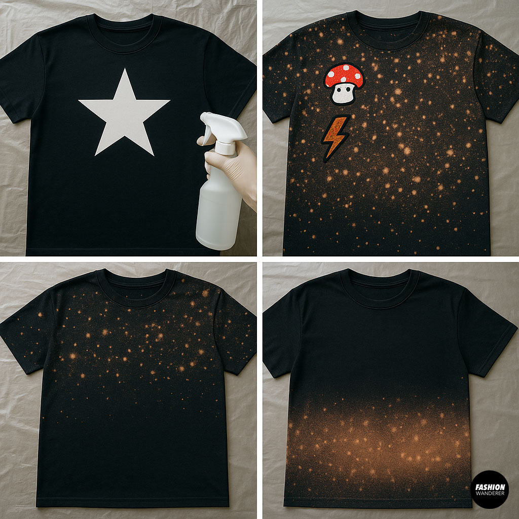 Collage of four acid-washed black t-shirts showing star stencil spray, mushroom and lightning patch, and two different bleach spray effects — creative inspiration for DIY bleach shirt designs.