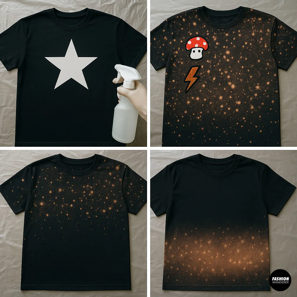 Collage of four acid-washed black t-shirts showing star stencil spray, mushroom and lightning patch, and two different bleach spray effects — creative inspiration for DIY bleach shirt designs.