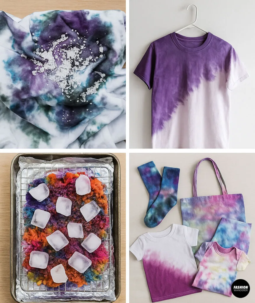 Creative ice dye T-shirts project images showing fabric with ice and dye effects, including a purple ombre tee hanging on a wall and matching dyed socks, tote bag, and baby onesie with watercolor effect.