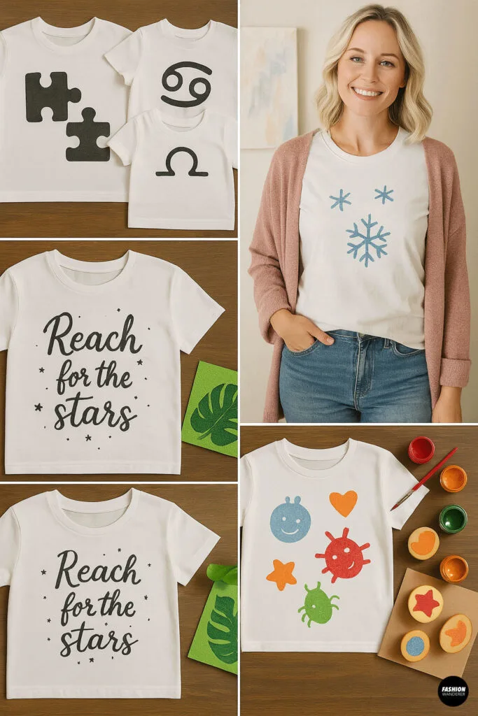 Multiple DIY stamped t-shirts including zodiac symbols, inspirational quotes, and cute cartoon designs for kids and adults.