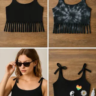 Black no-sew crop top with tie straps styled in four ways: fringe detail at hem, black and white tie-dye pattern, layered over white tank top worn by a woman, and decorated with colorful patches and fabric glue on wooden background.
