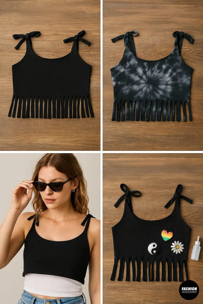 Black no-sew crop top with tie straps styled in four ways: fringe detail at hem, black and white tie-dye pattern, layered over white tank top worn by a woman, and decorated with colorful patches and fabric glue on wooden background.