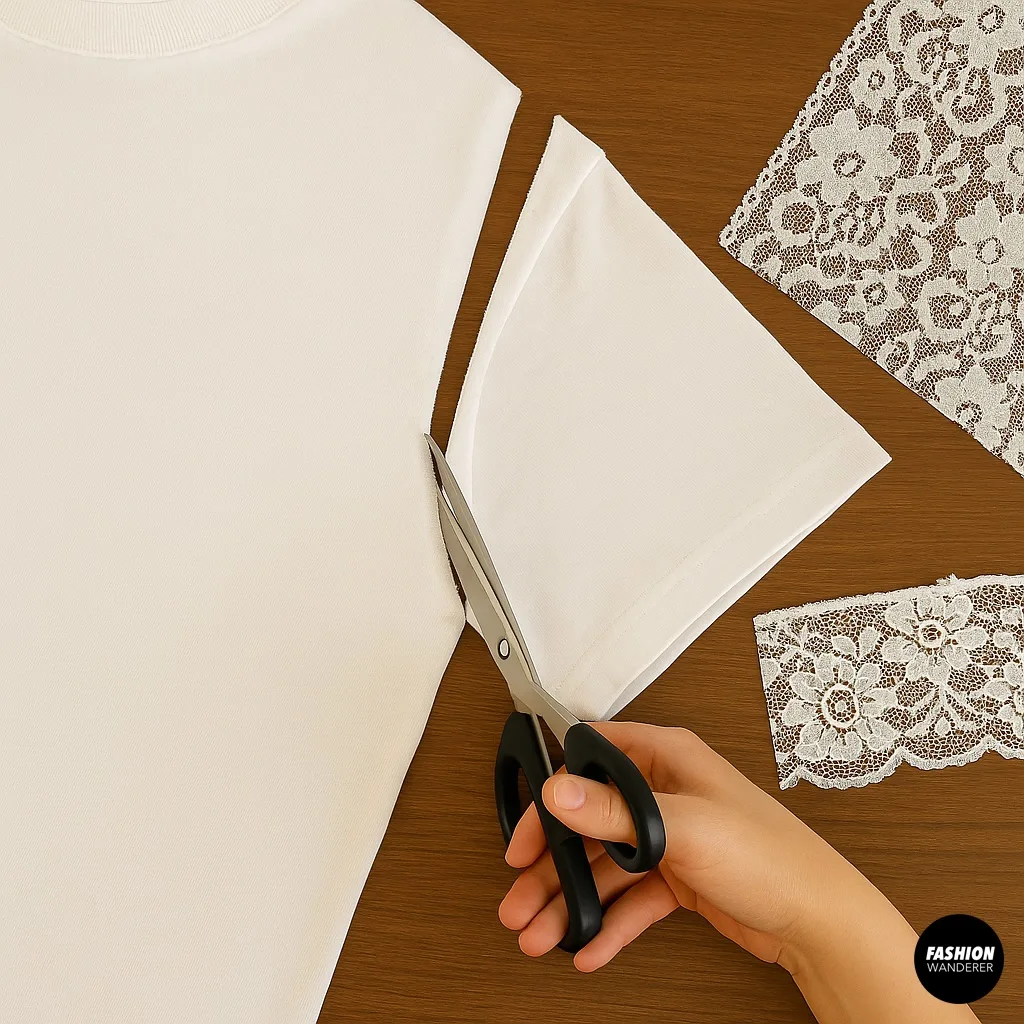 Close-up of scissors cutting the sleeve of a white T-shirt next to floral lace panels, showing how to prep the shirt for lace insertion.