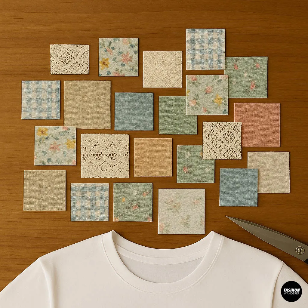 Multiple small squares of floral, gingham, and lace fabric scraps laid out on a wooden table alongside a white t-shirt and large scissors, ready for patchwork pocket cutting.