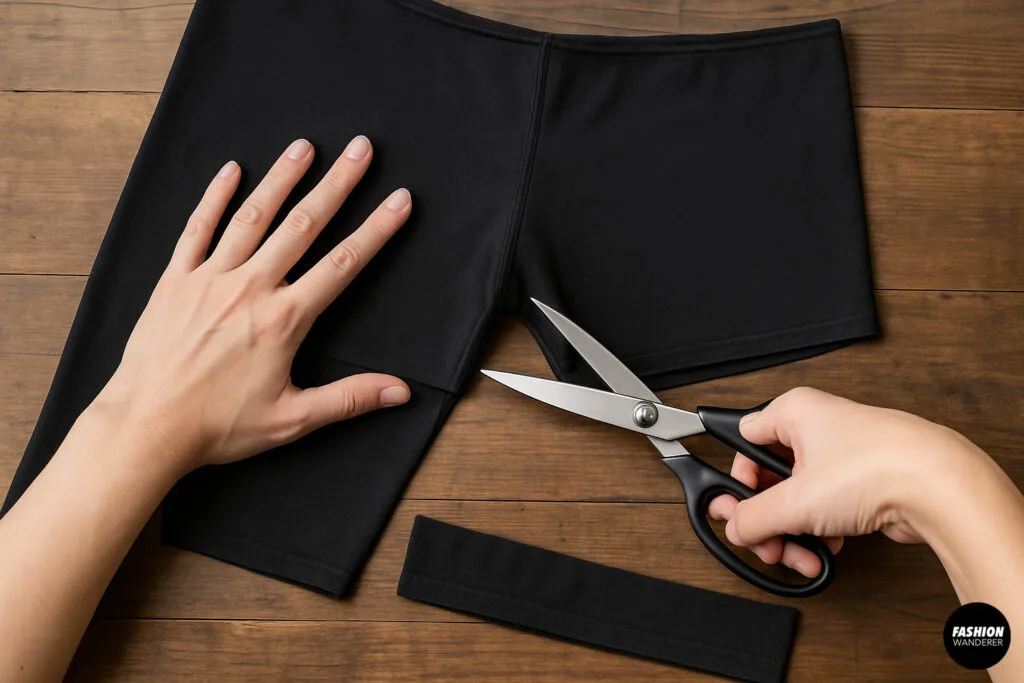 Close-up of hands using scissors to cut off the legs of black leggings on a wooden surface, preparing the fabric for crop top making.