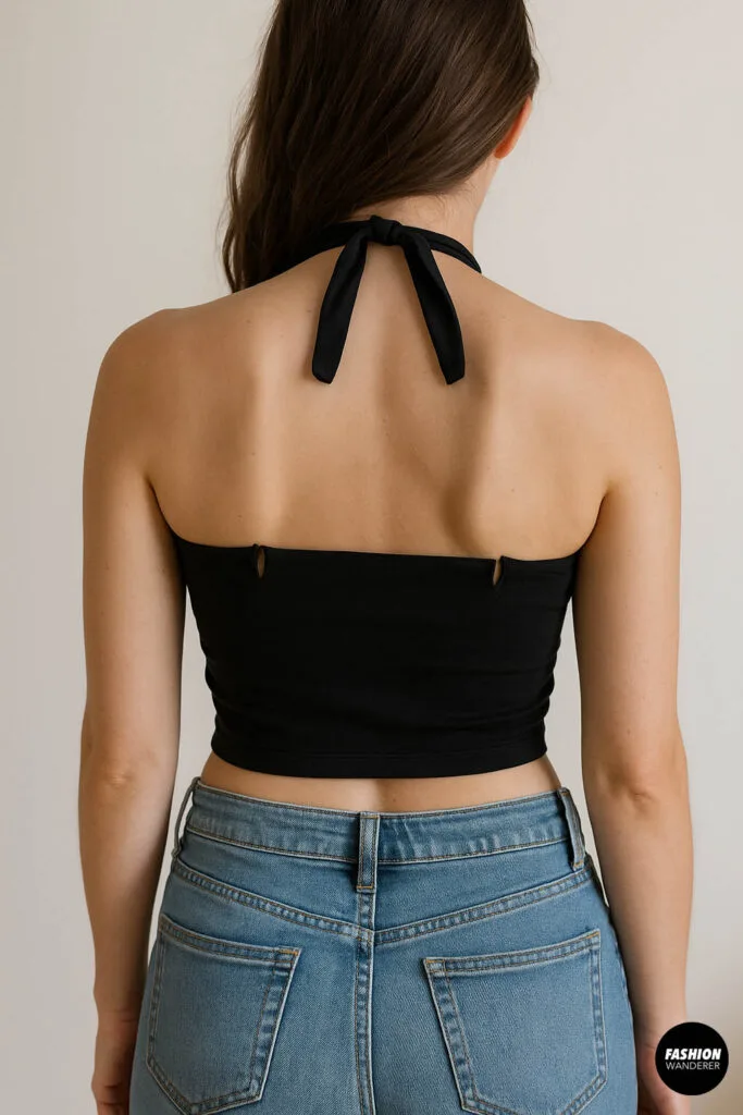 Black crop top with halter neck created by tying waistband behind neck, shown from front on wooden background.