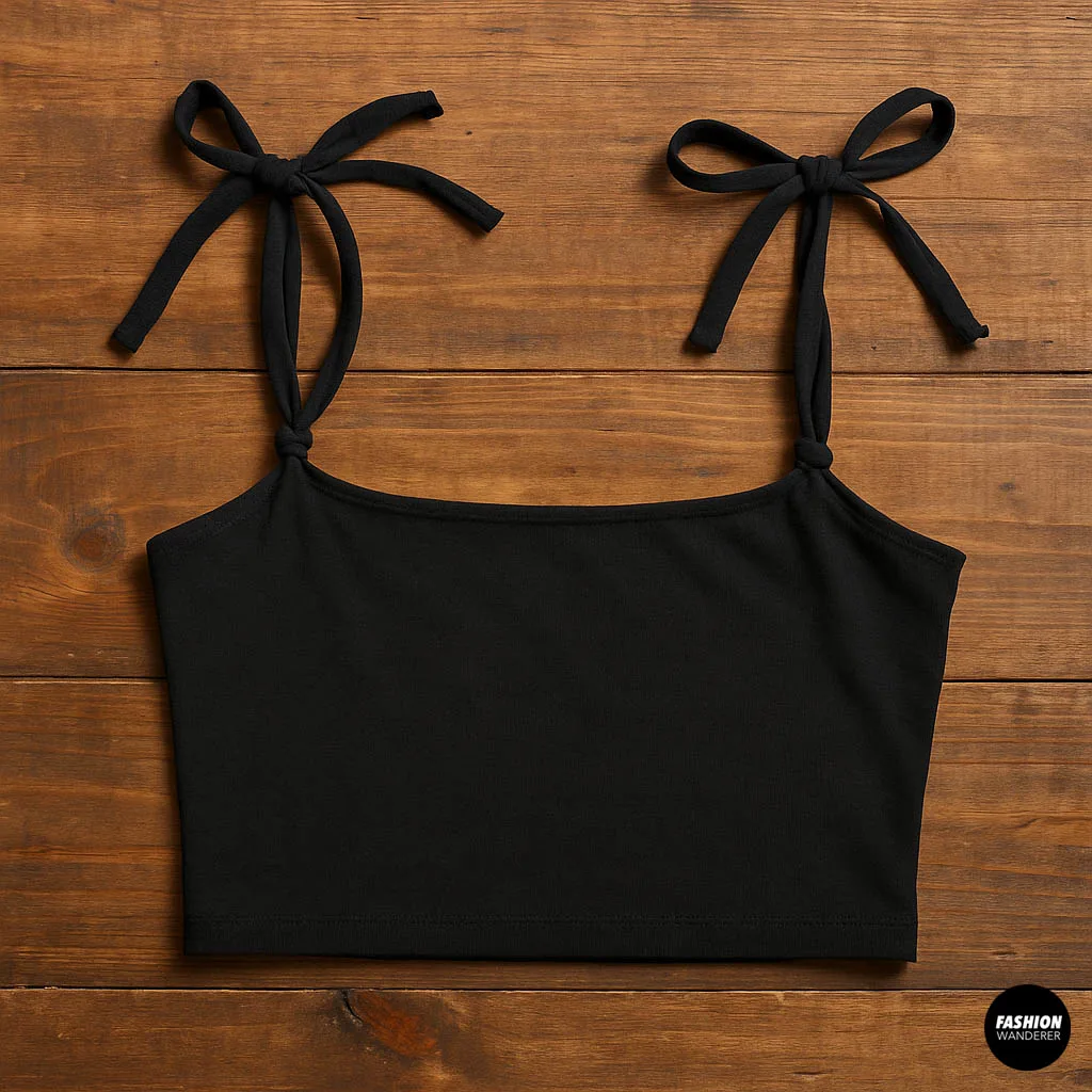Close-up of black fabric crop top with tied shoulder straps made from leggings fabric strips, displayed on wood.