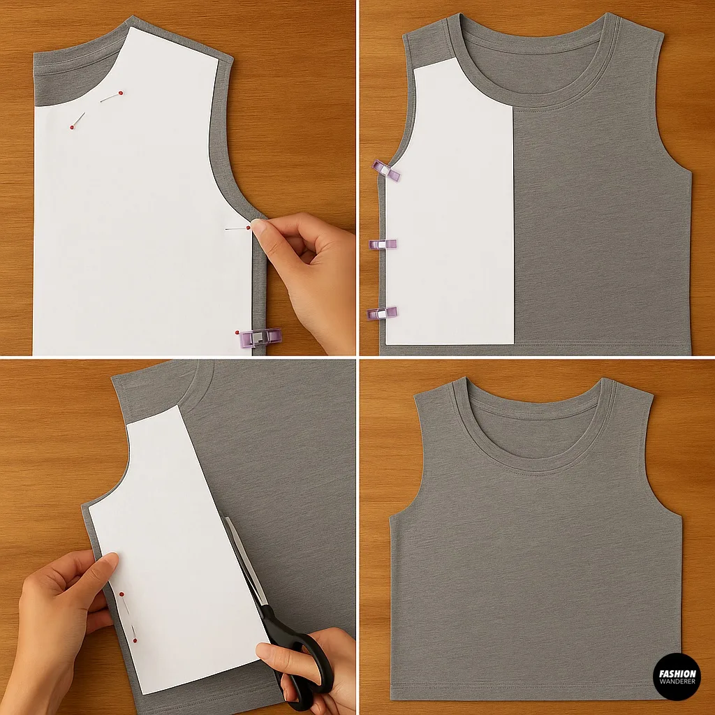 Four-step instructional collage showing cutting out a dog clothes pattern from a gray T-shirt fabric after pinning the pattern paper.