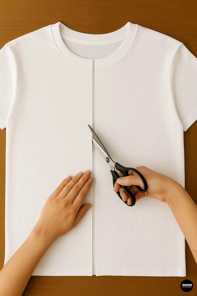 Hands cutting the front center line of a white t-shirt with black fabric scissors on a wooden surface.