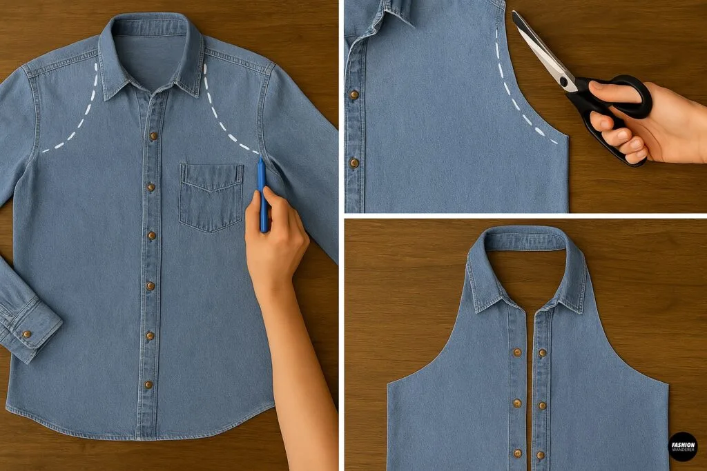 Illustrated cutting process of a DIY denim halter top with marked dotted lines showing the curve from underarm to neckline for a clean finish.
